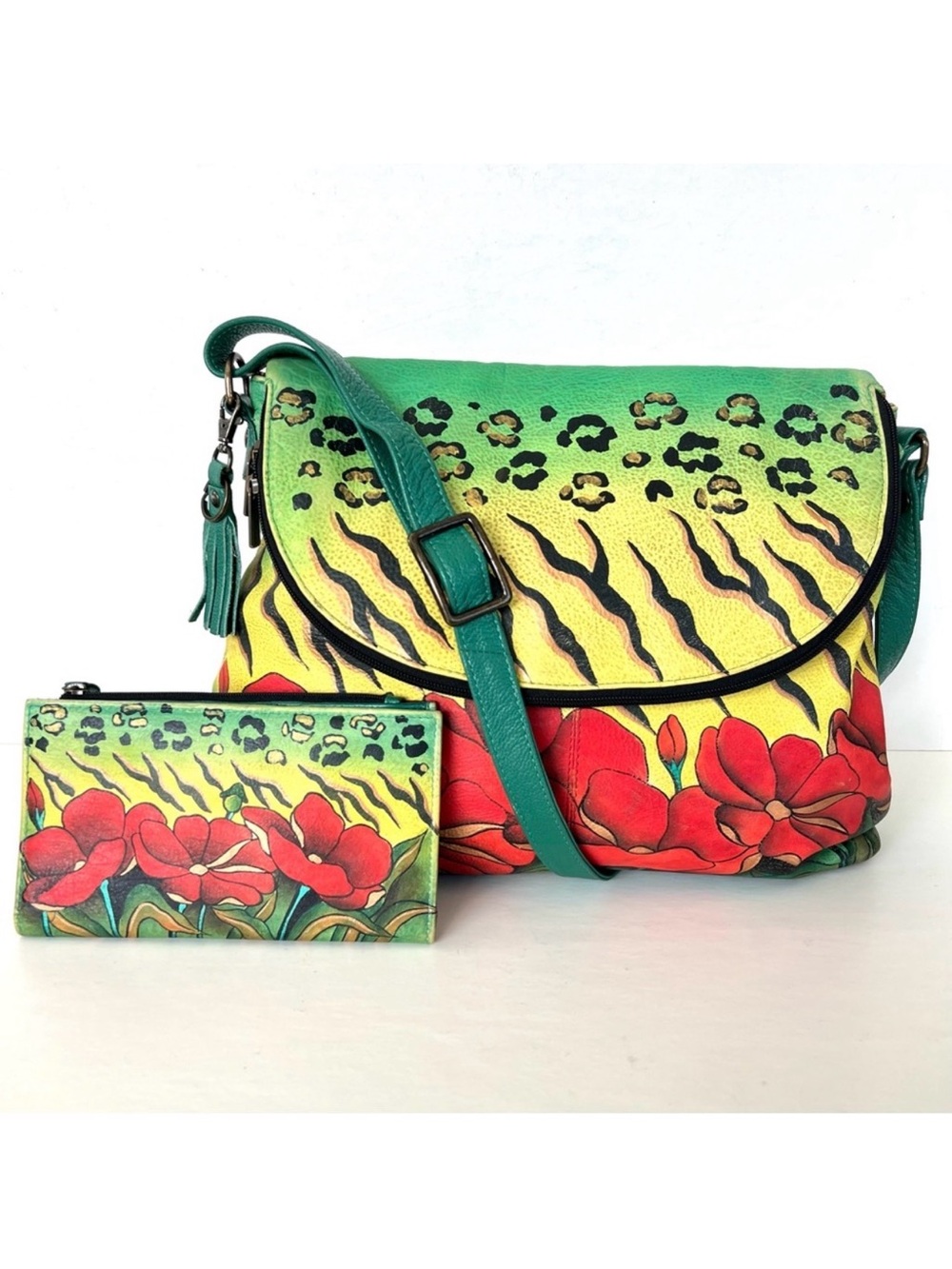 ANUSCHKA Multicolor Hand Painted Leather Wallet w Shoulder Bag Crossbody Satchel